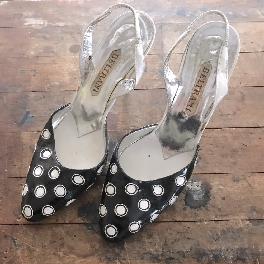 Beltrami Rene Caovilla vintage heels black white polkadot sling backs